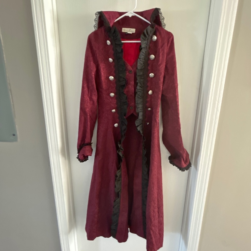 Women’s Small Victorian Style Overcoat Burgundy with Black Lace